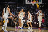 Las Vegas Aces Kiah Stokes, A'ja Wilson, Kelsey Plum and guard Chelsea Gray react against the LA Sparks at Crypto.com Arena. Photo Credit: Imagn